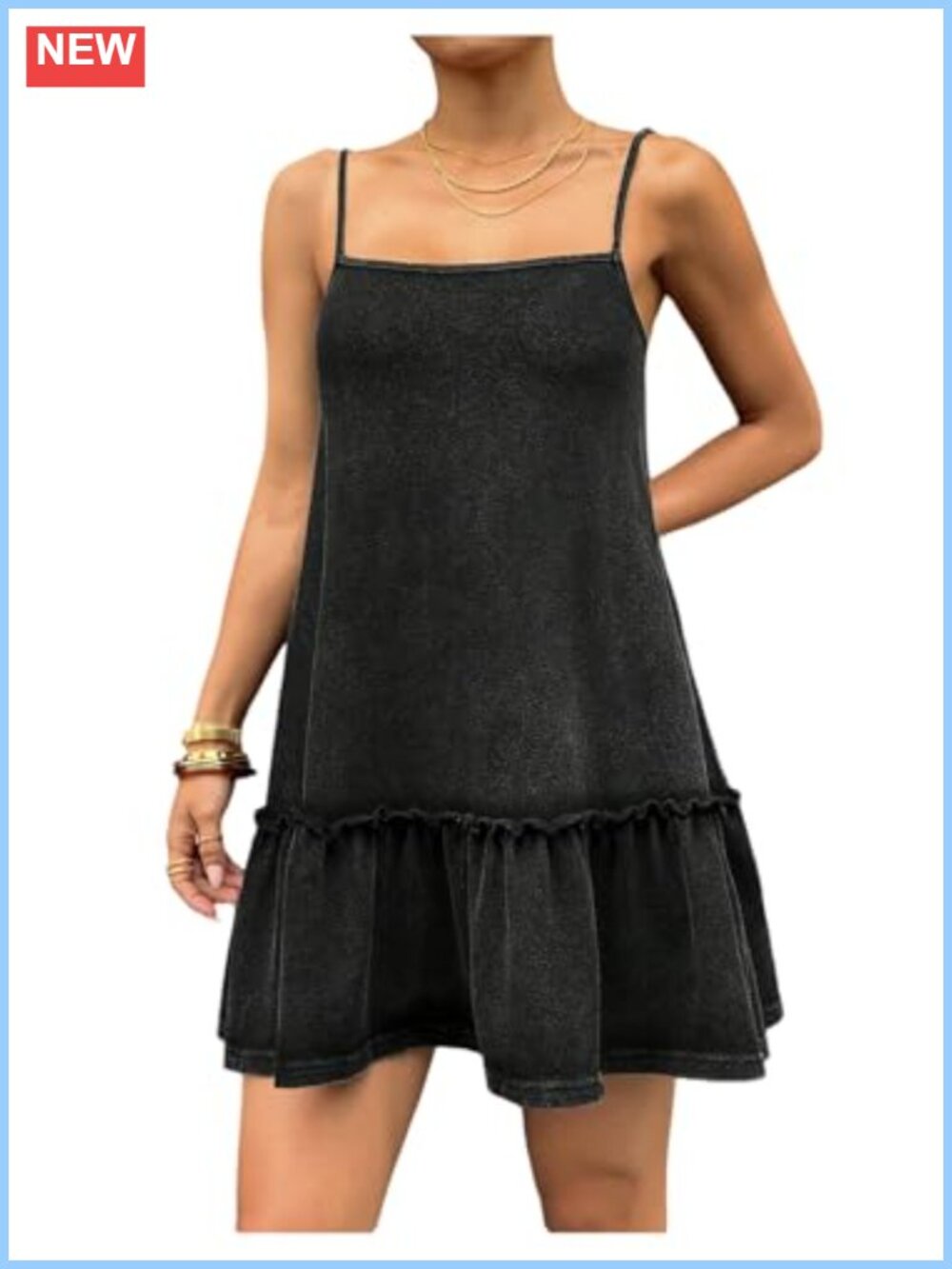 Women's Denim Spaghetti Strap Ruffle Hem Swing Loose Jean Cami Dress Sundress